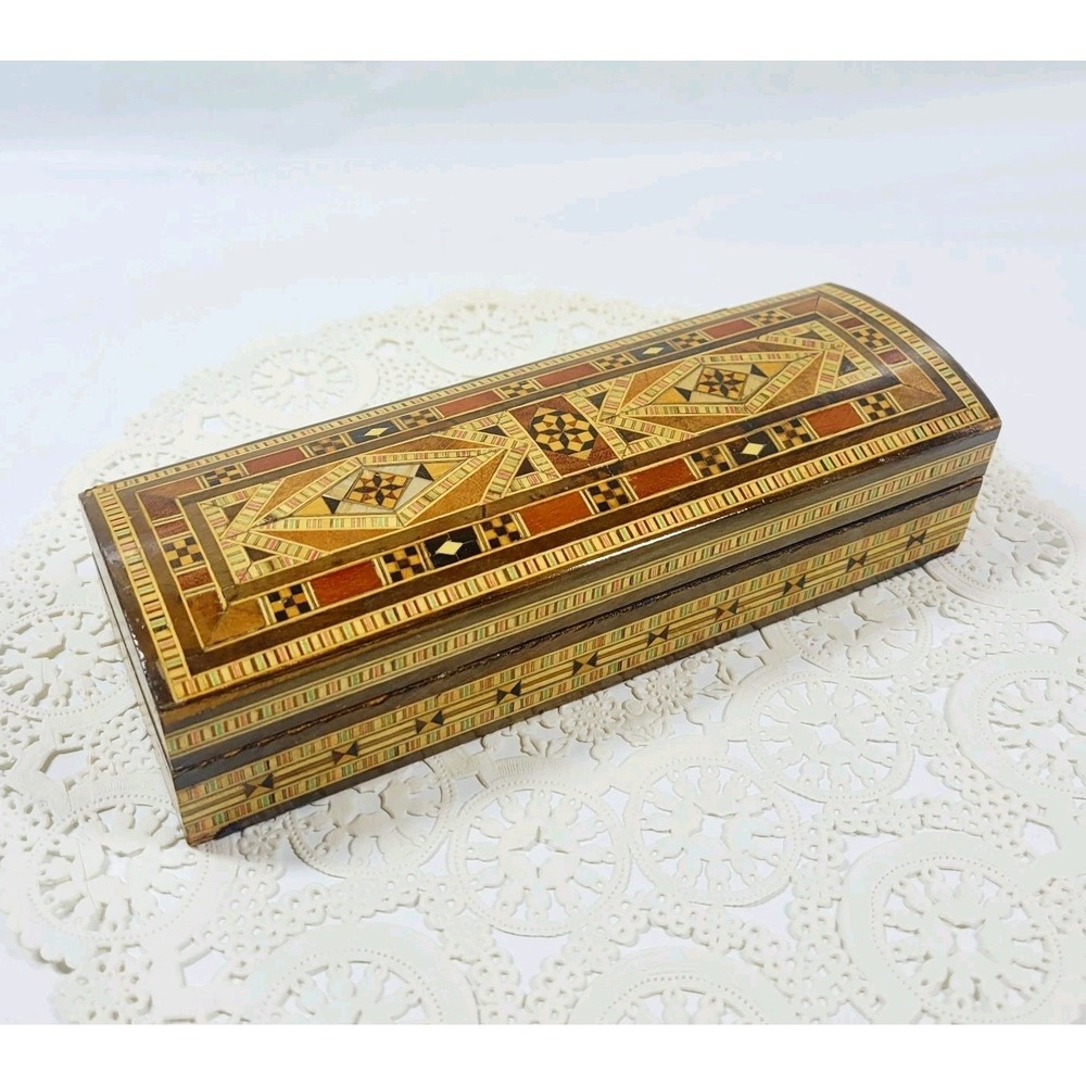 Middle Eastern Marquetry Mosaic Inlaid Wood Box Jewelry Pens Trinkets